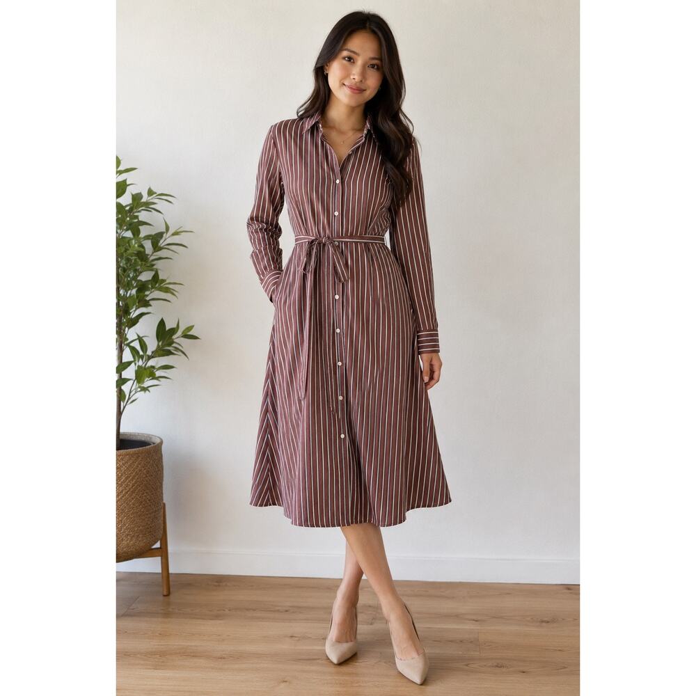 Uniqlo Striped Shirt Dress Small Brown White Long Sleeve Button Front Midi Dress